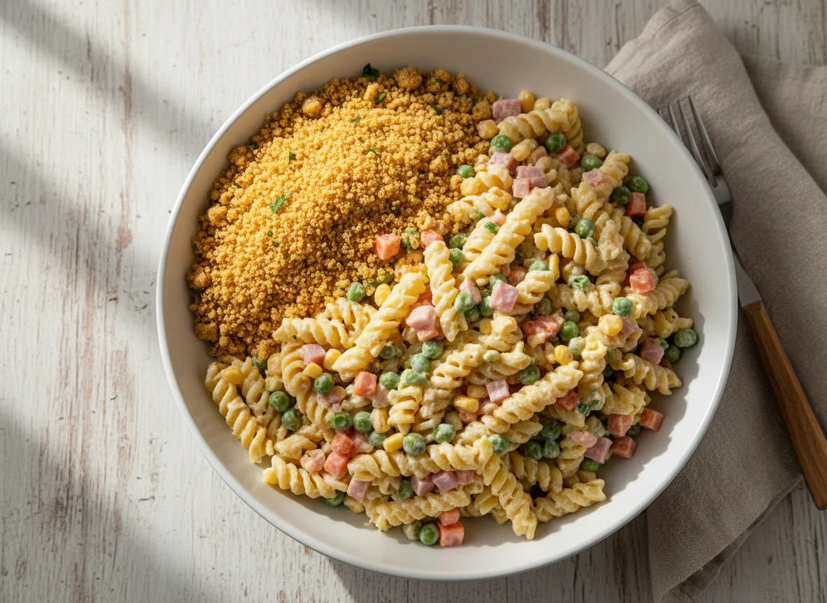 Salada de macarrão com farofa photo