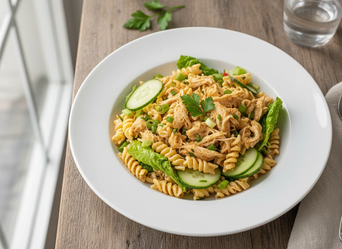 Salada de macarrão com frango desfiado photo