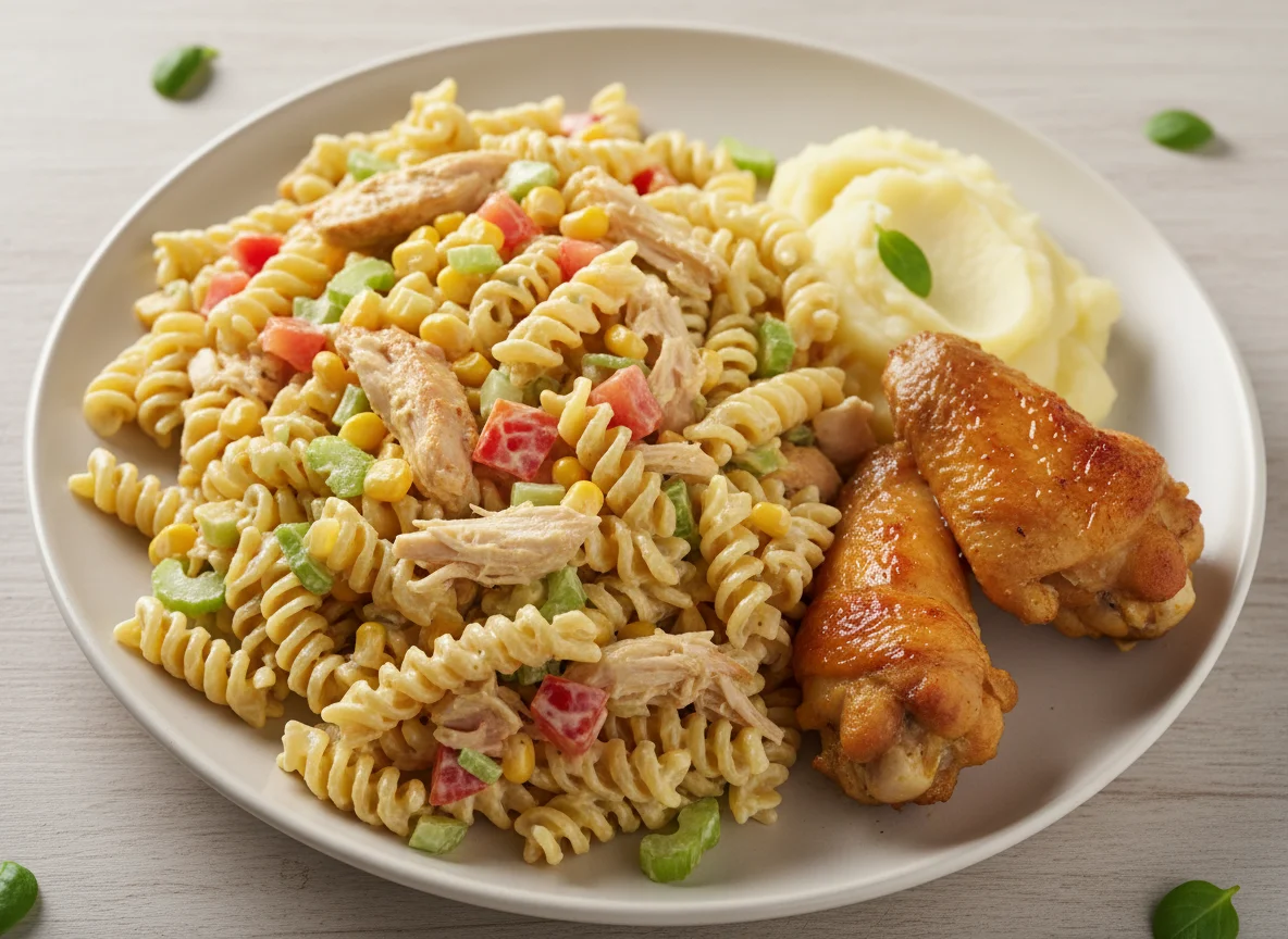Salada de macarrão com frango e acompanhamentos photo