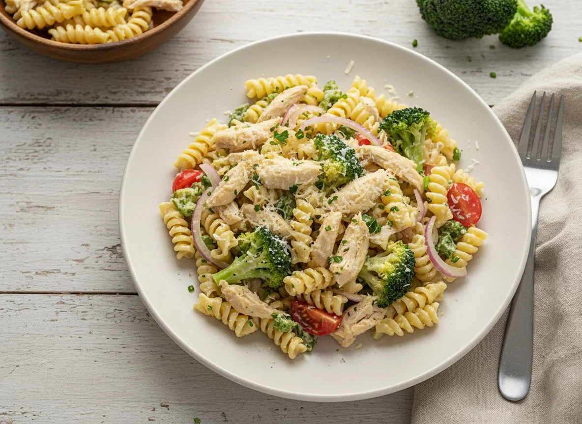 Salada de macarrão com frango e brócolis photo