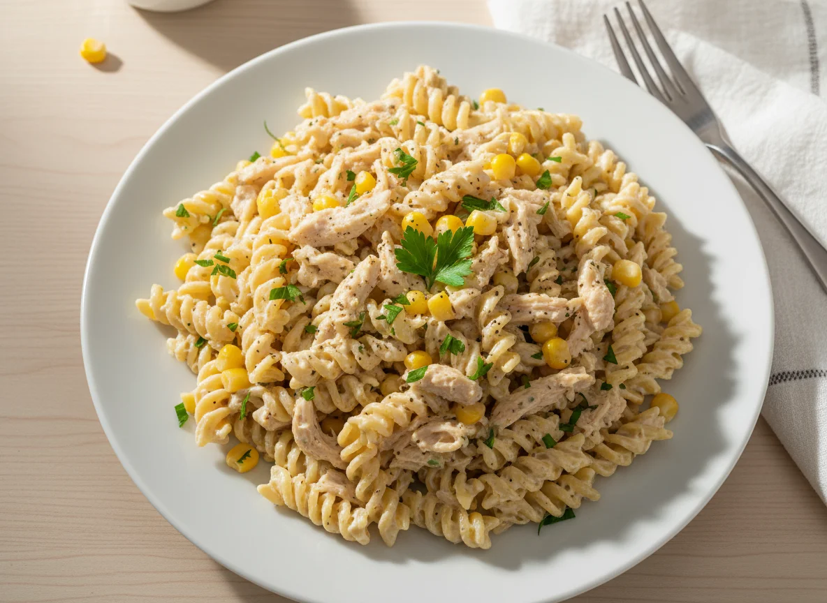 Salada de macarrão com frango e milho photo