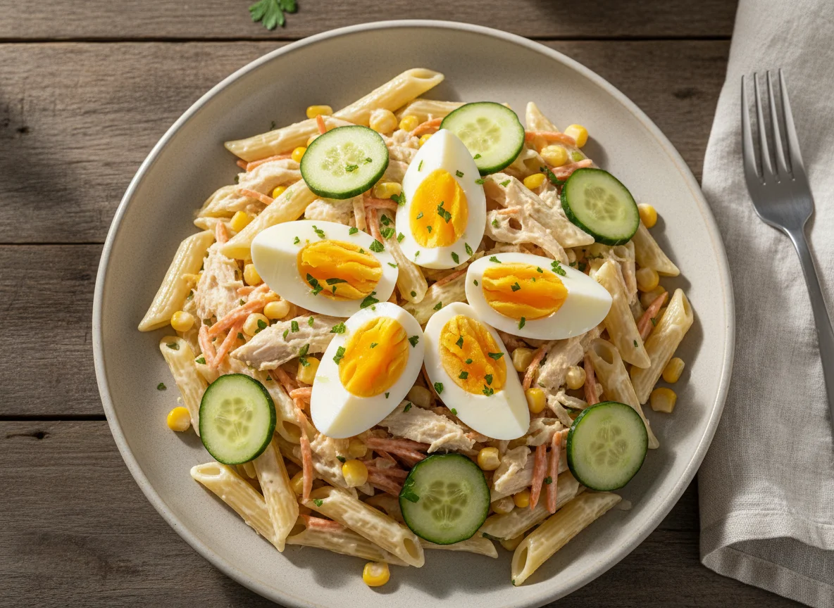 Salada de macarrão com frango e ovos photo
