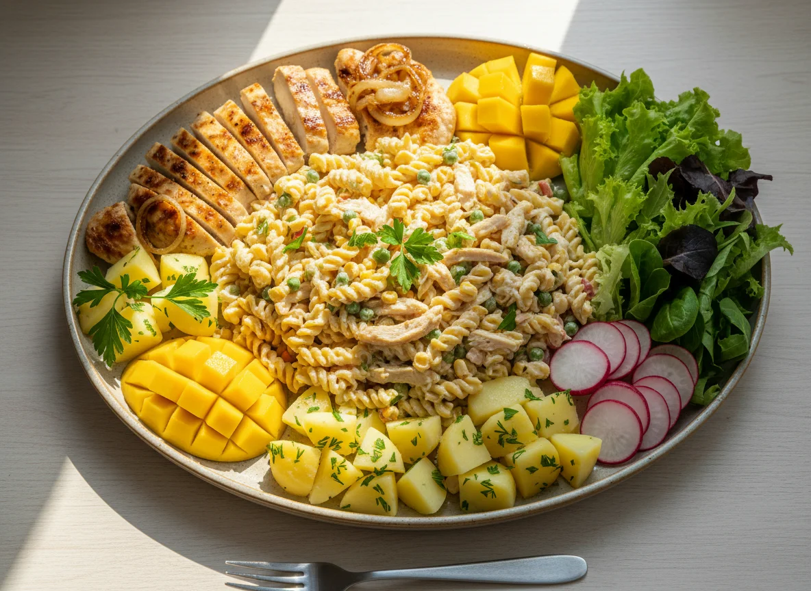Salada de macarrão com maionese frango milho photo