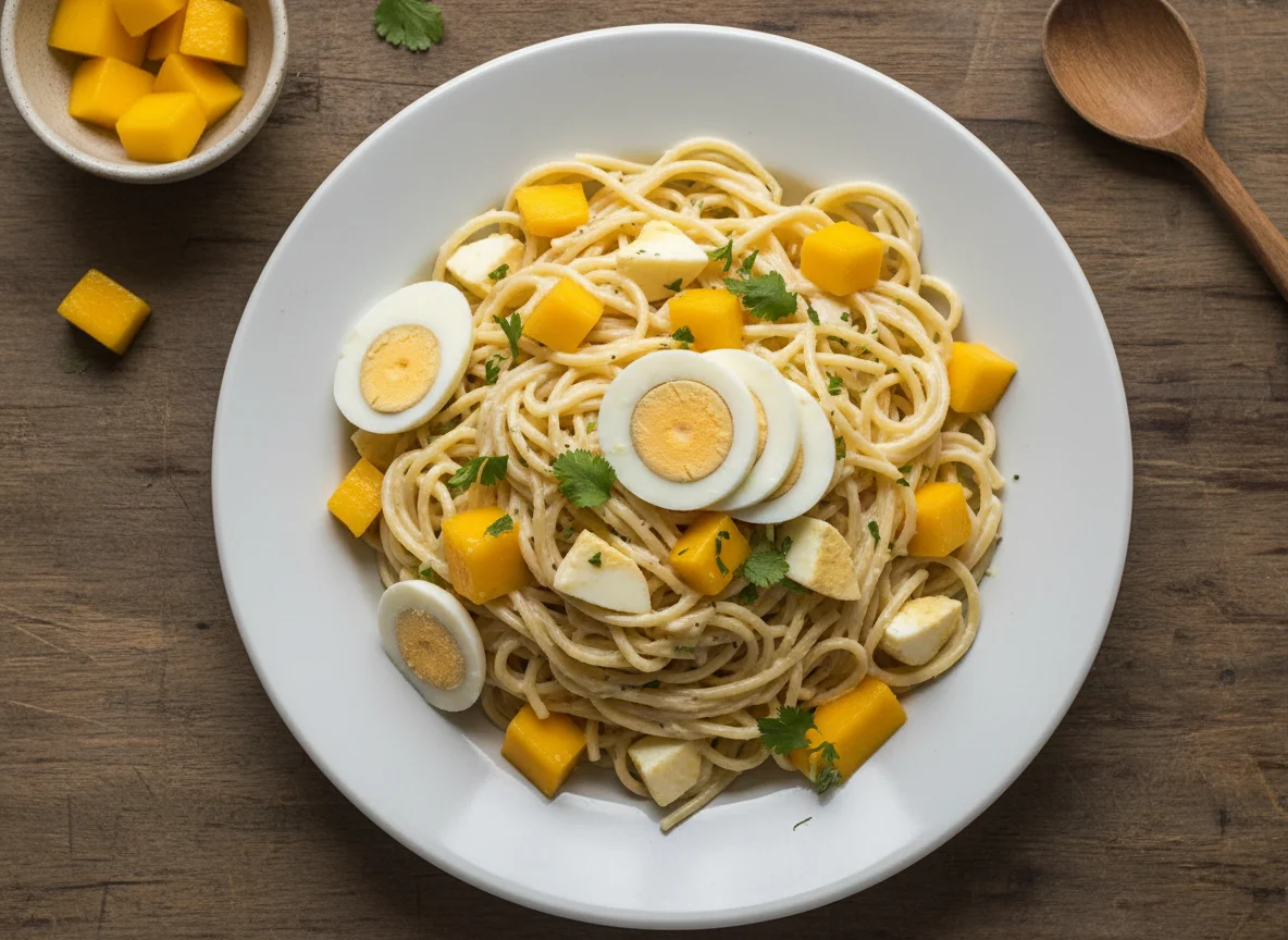 Salada de macarrão com ovos e manga photo