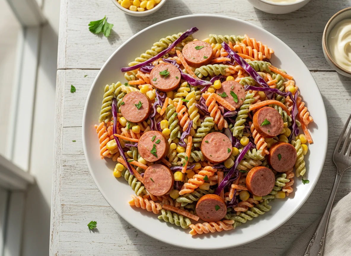Salada de macarrão com salsicha e legumes photo