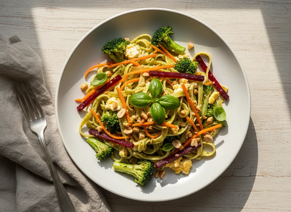 Salada de macarrão com vegetais e amendoim photo