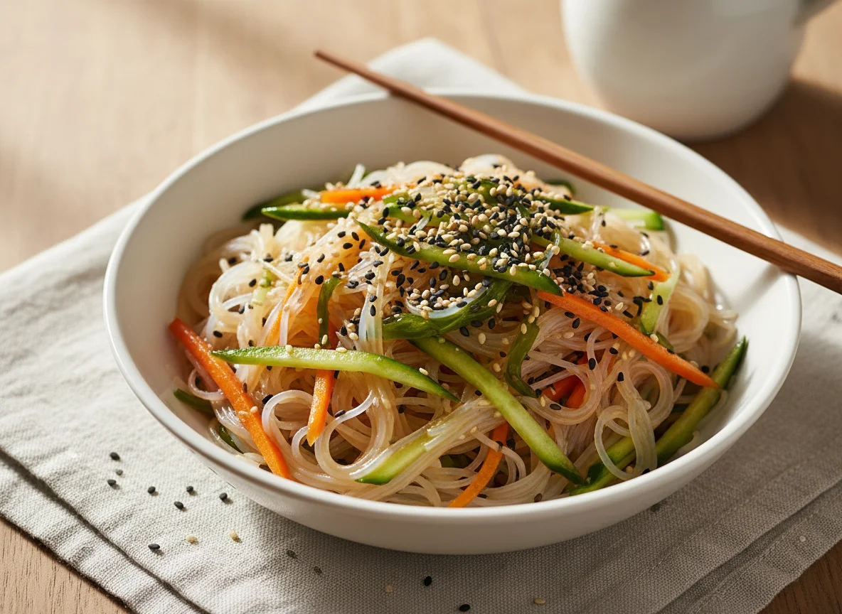 Salada de macarrão de arroz com legumes e gergelim photo