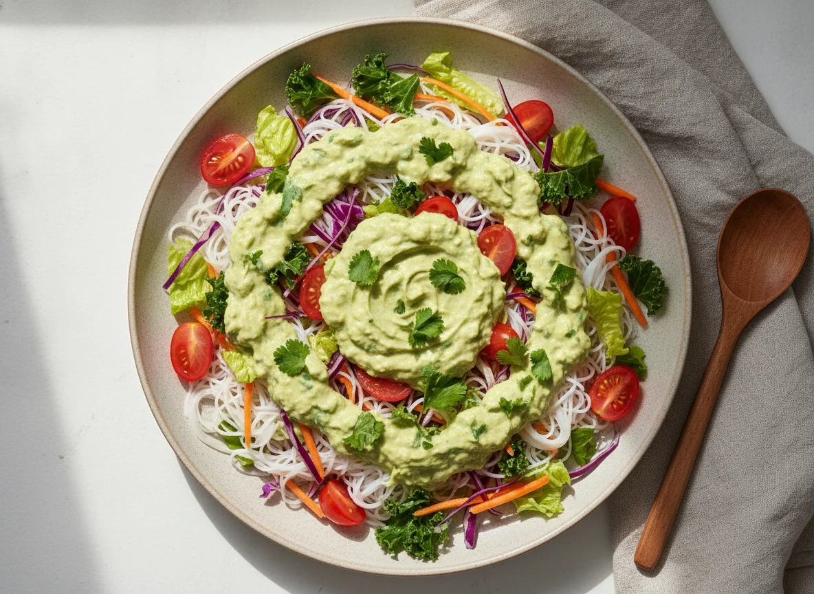 Salada de Macarrão de Arroz com Molho de Abacate photo
