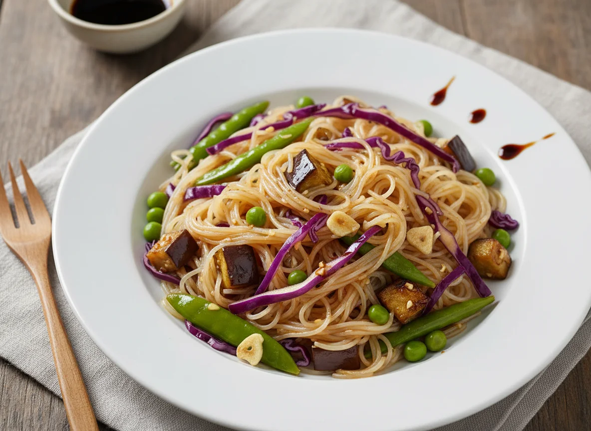Salada de macarrão de arroz com repolho roxo e legumes photo