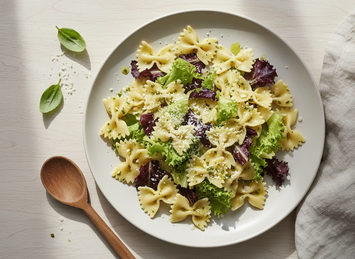 Salada de Macarrão Gravatinha com Folhas e Queijo photo
