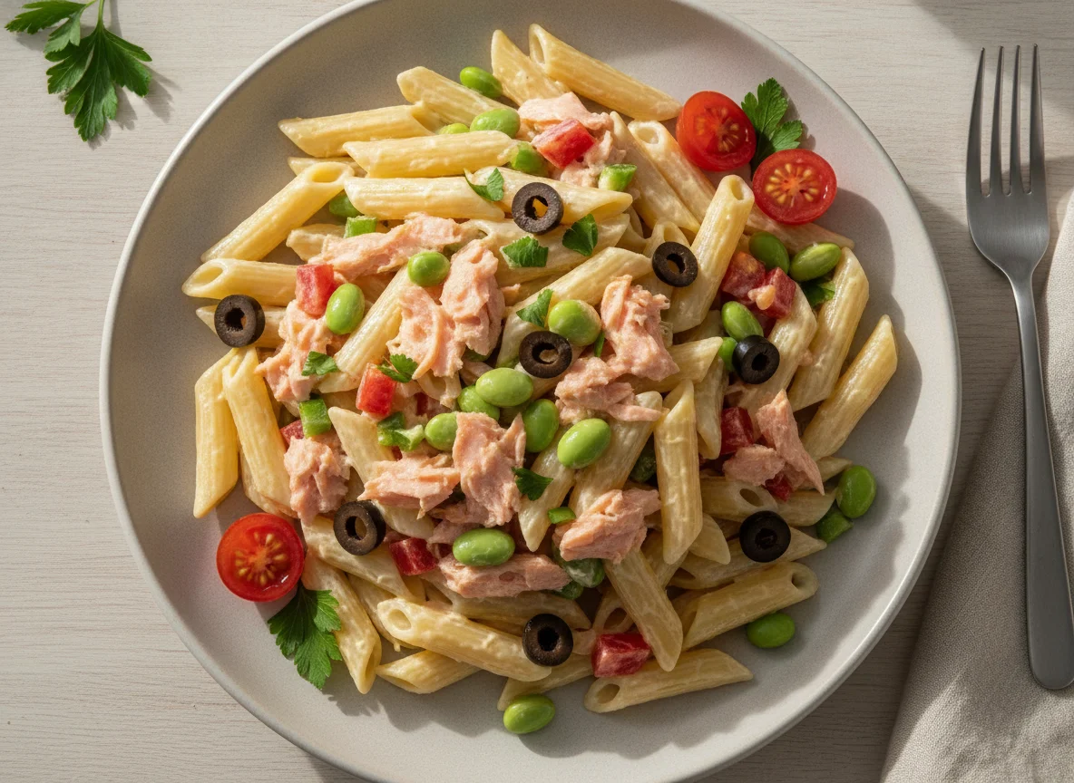 Salada de Macarrão Penne com Salmão e Edamame photo
