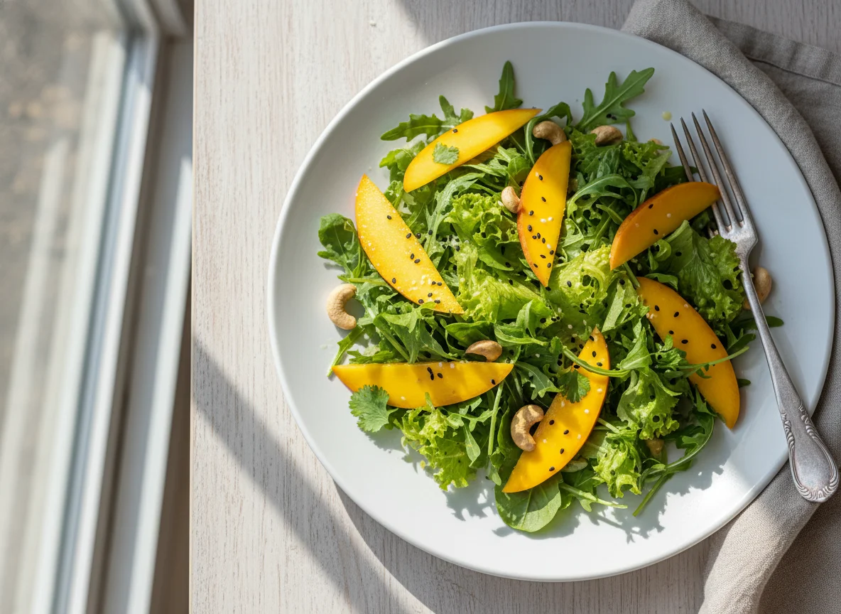 Salada de manga e folhas verdes photo