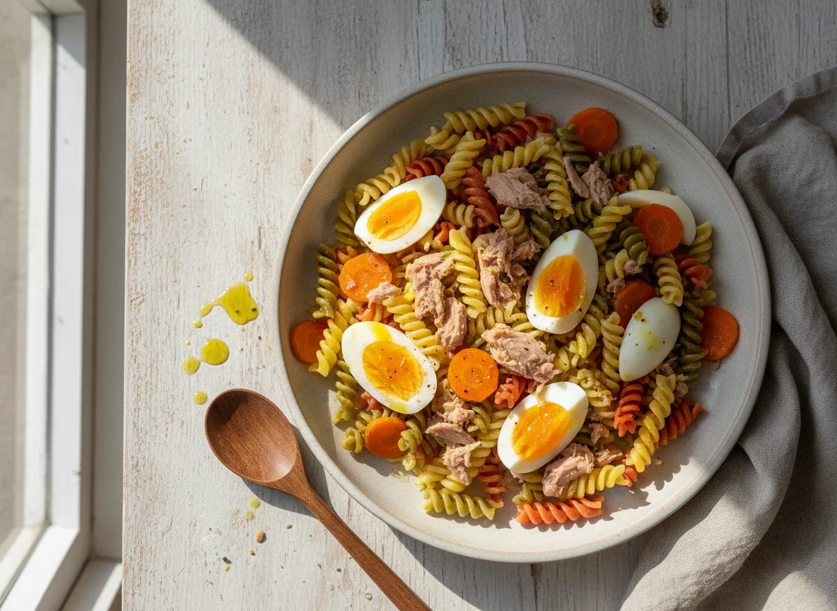 Salada de massa com atum, cenoura e ovo photo