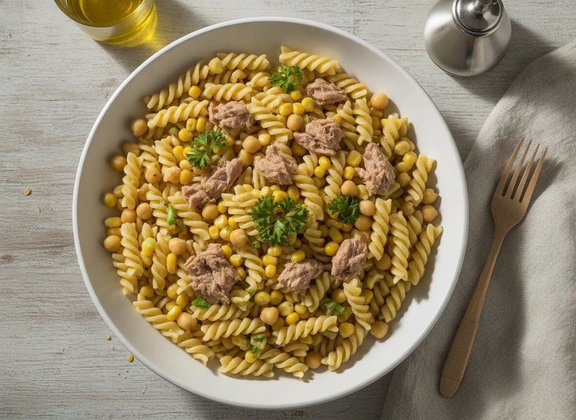 Salada de massa com atum, milho e grão-de-bico photo