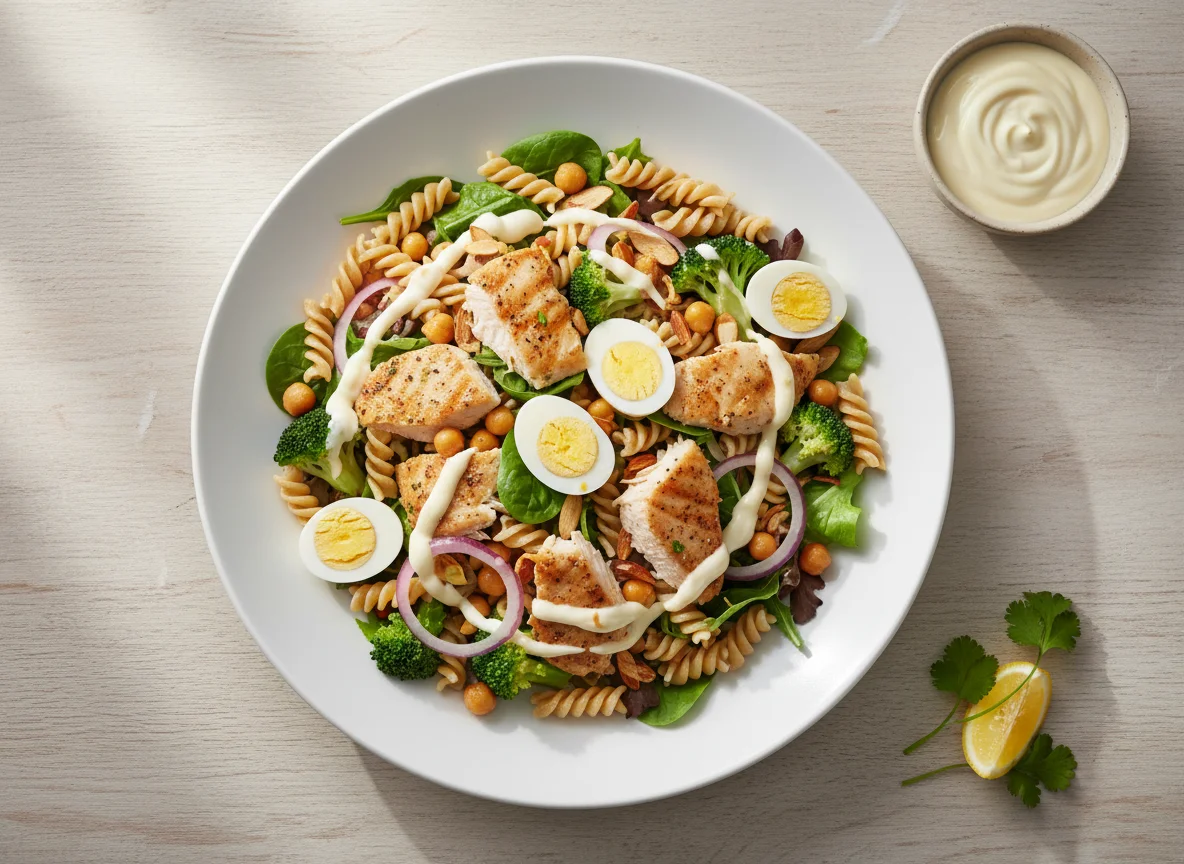 Salada de massa integral com filé de tilápia photo