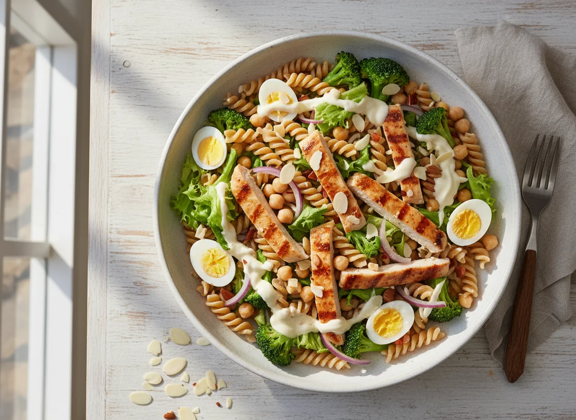 Salada de massa integral com frango e vegetais photo