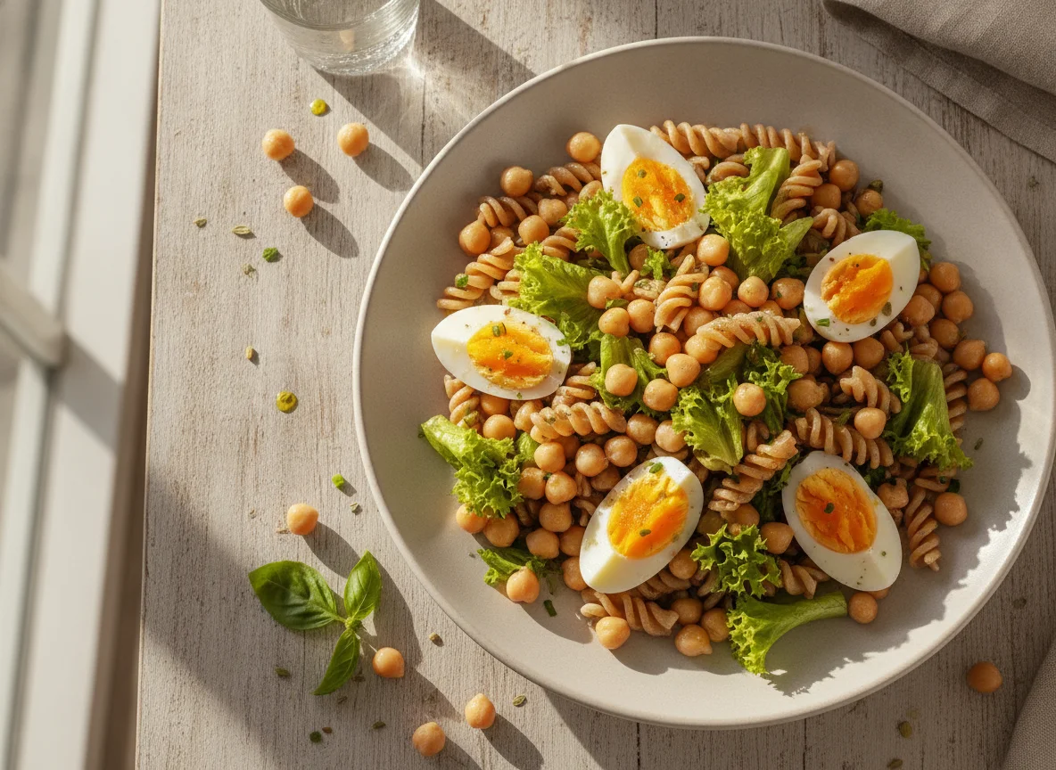 Salada de massa integral com grão-de-bico e ovos photo