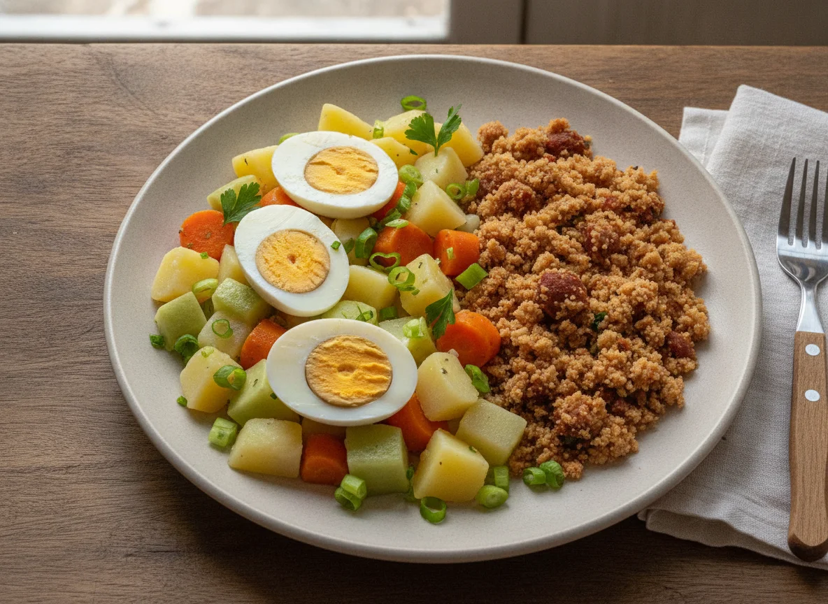 Salada de ovos com legumes e feijão tropeiro photo