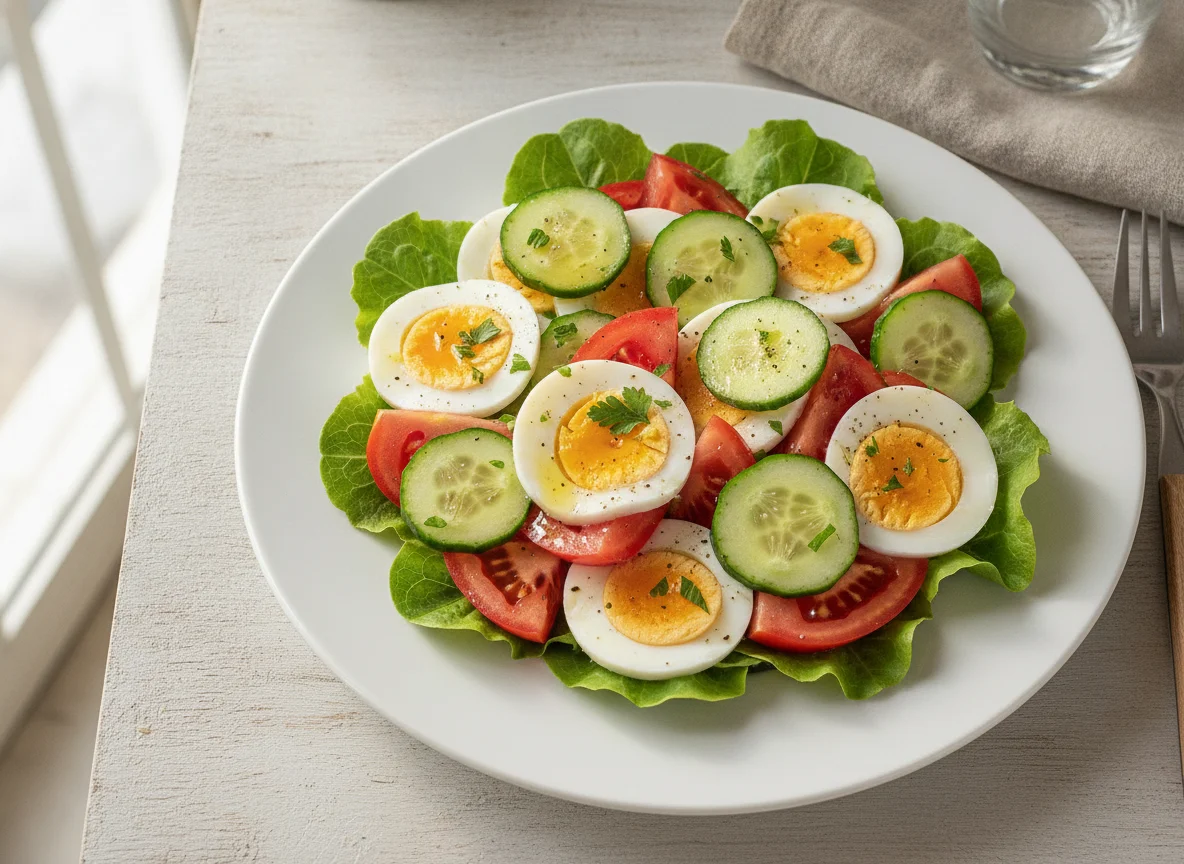 Salada de ovos cozidos com tomate e pepino photo