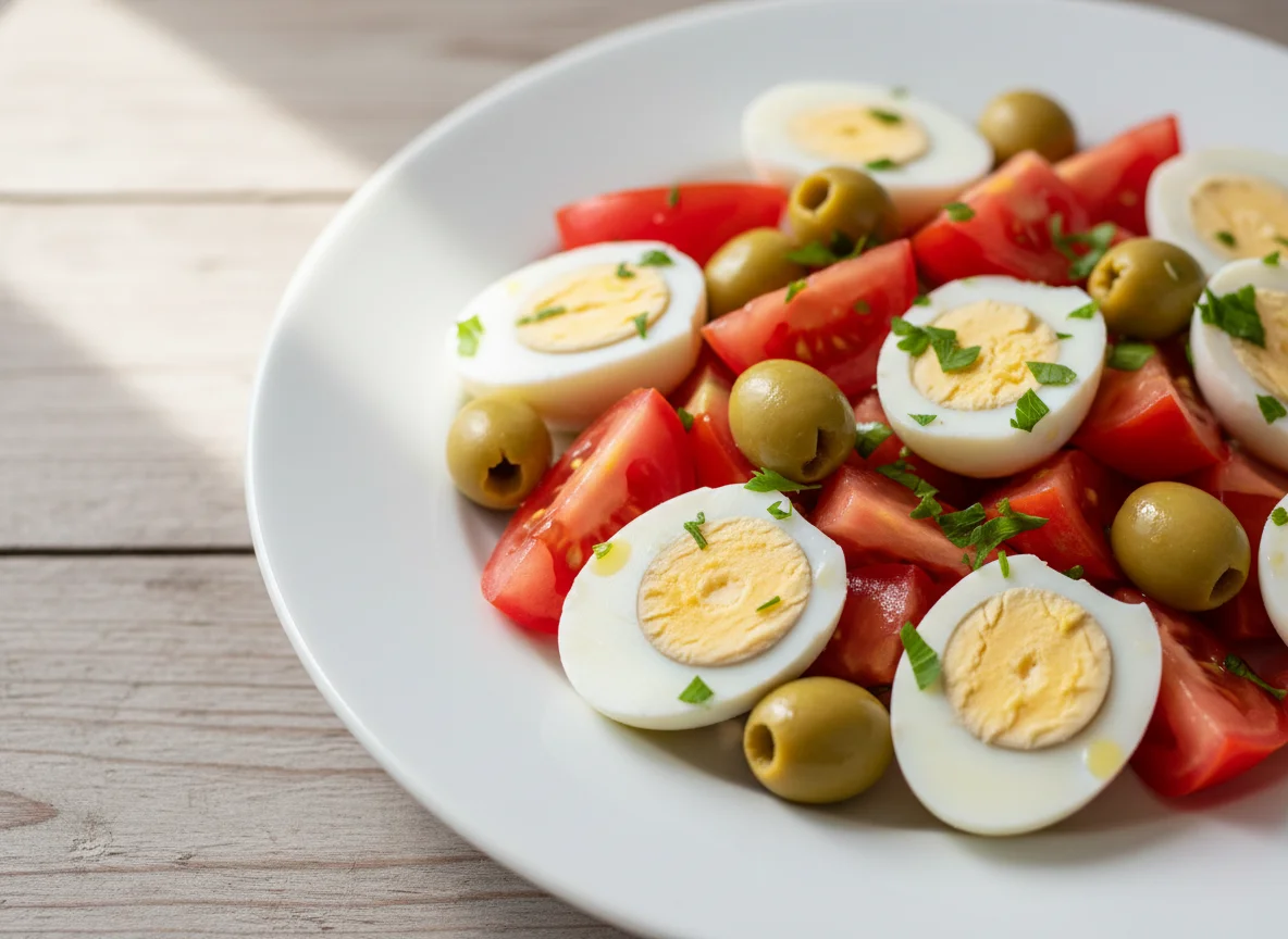 Salada de ovos de codorna, azeitonas e tomate photo