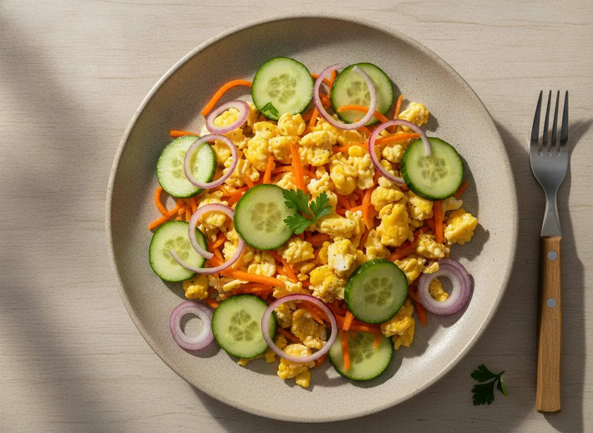 Salada de pepino, cenoura e ovos mexidos photo