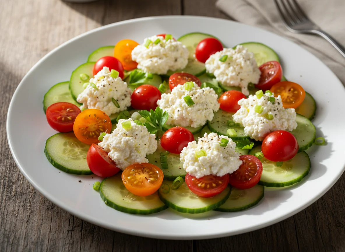 Salada de pepino, tomate cereja e queijo cottage photo