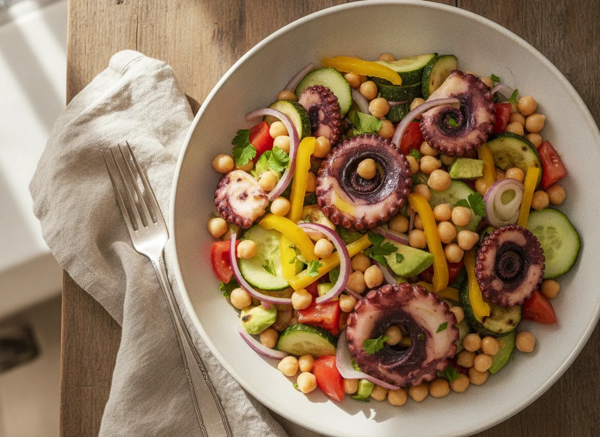Salada de polvo com grão de bico e vegetais photo