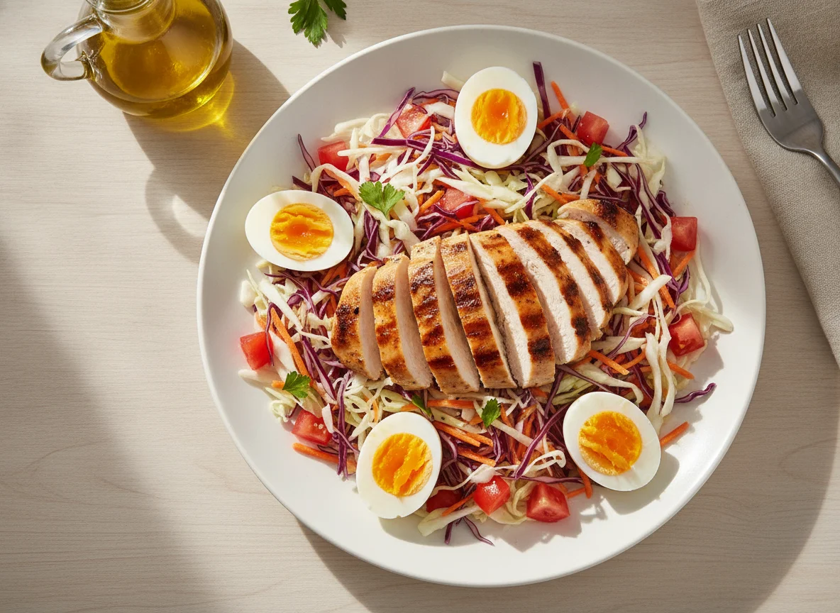 Salada de repolho com ovos cozidos e frango grelhado photo