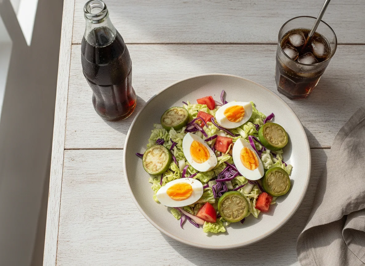 Salada de repolho com ovos cozidos, jiló e refrigerante photo