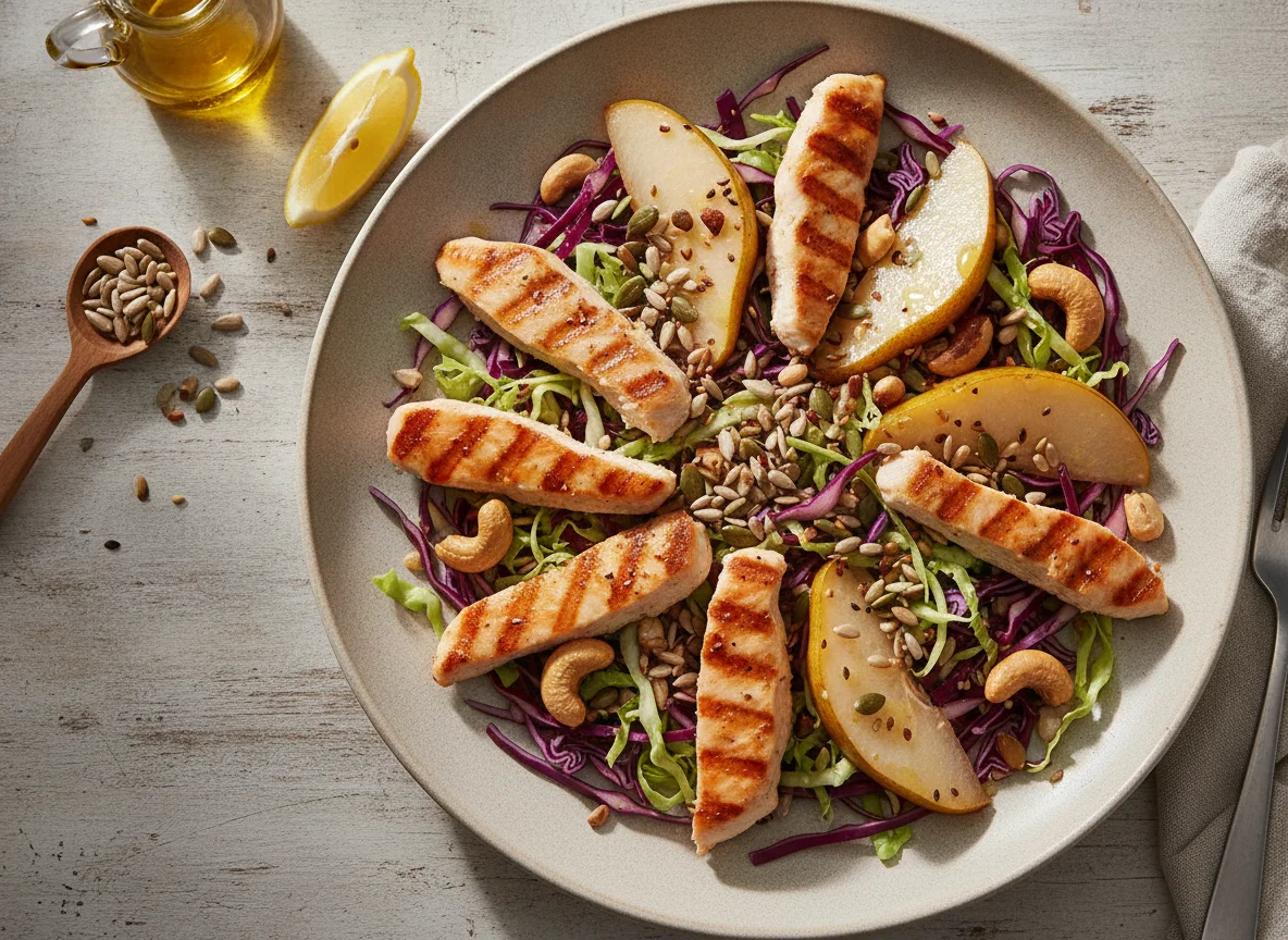 Salada de repolho com pera e frango grelhado photo