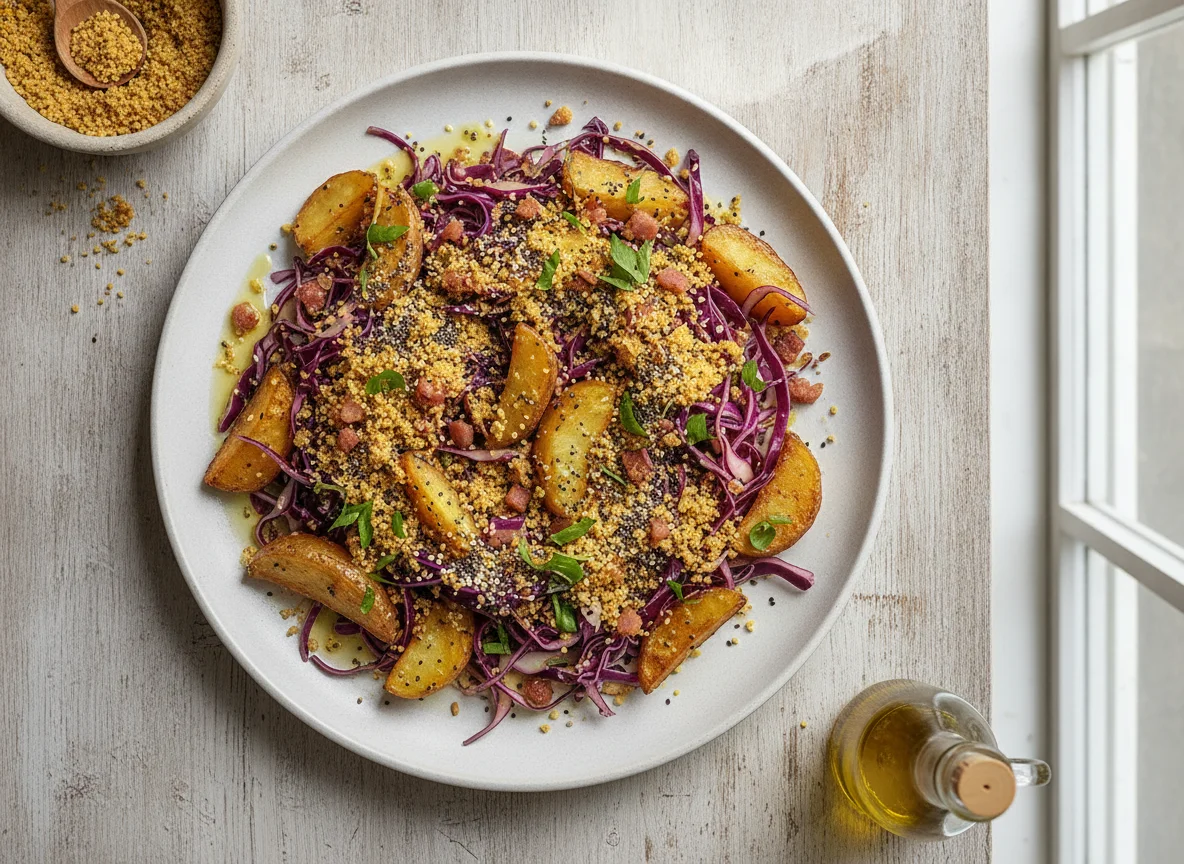 Salada de repolho roxo com batatas assadas e farofa photo