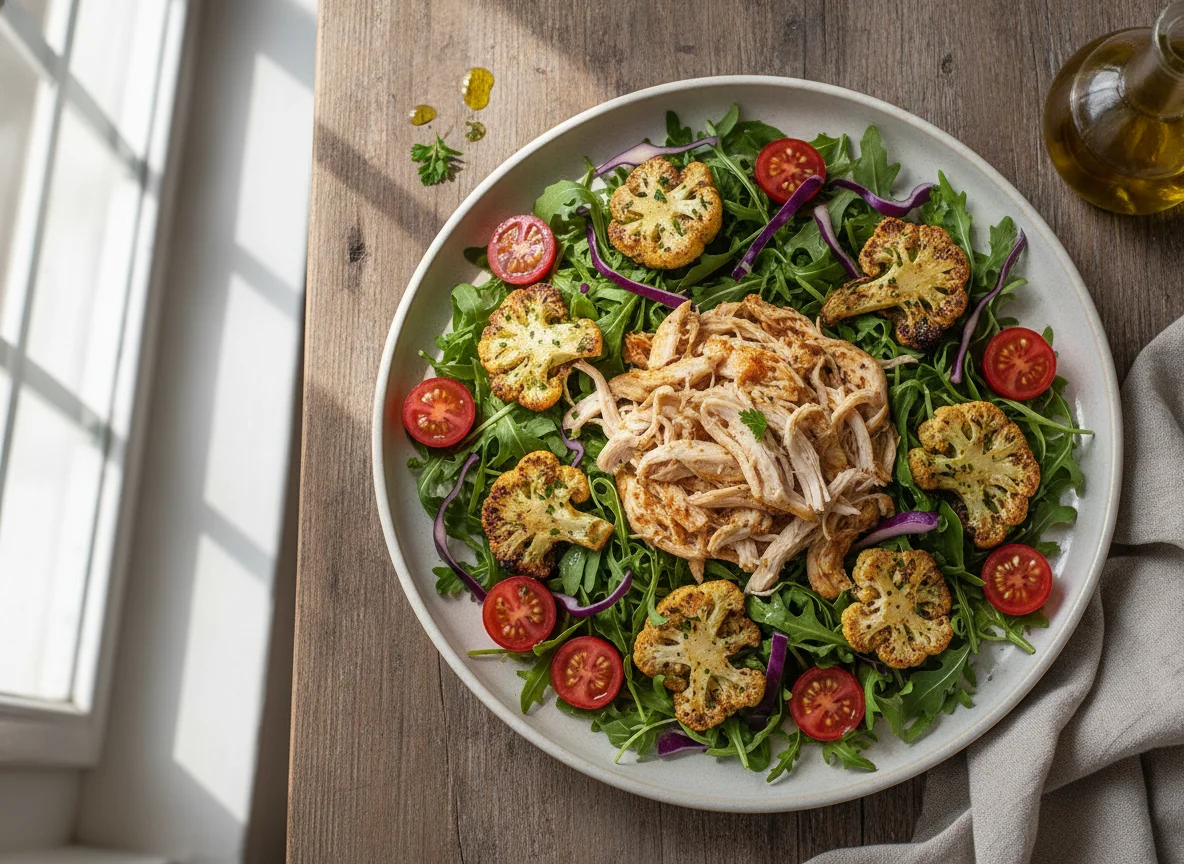 Salada de Rúcula com Frango Desfiado, Couve-Flor Assada e Repolho Roxo photo