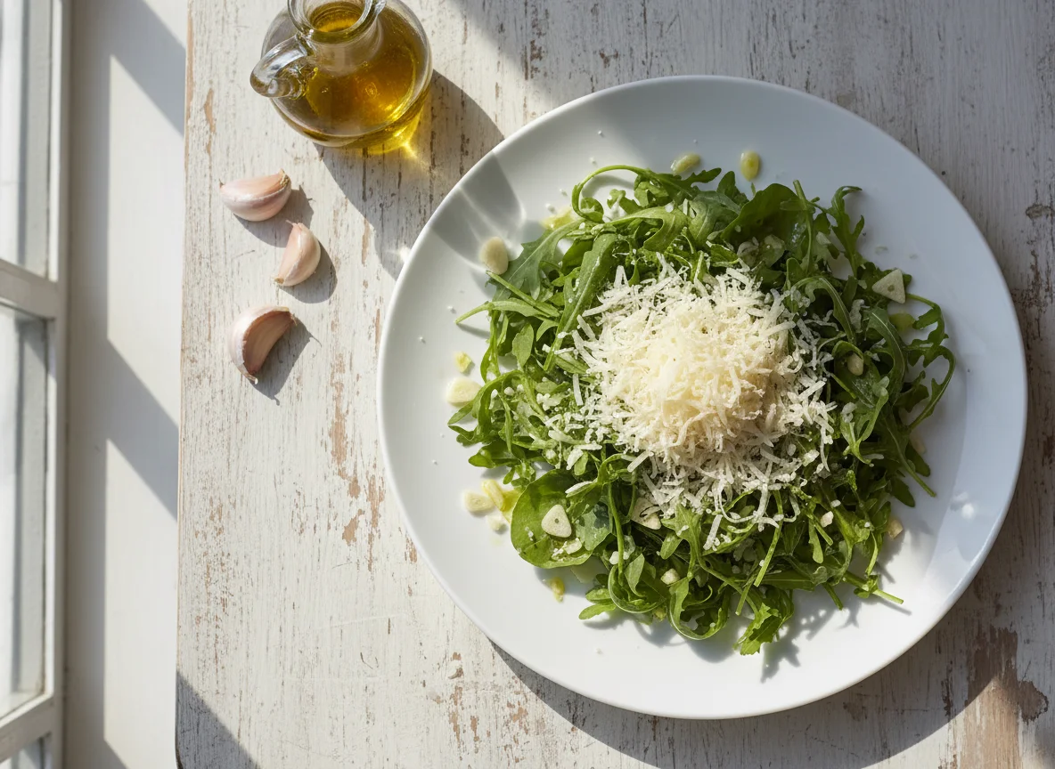 Salada de rúcula com queijo e alho photo