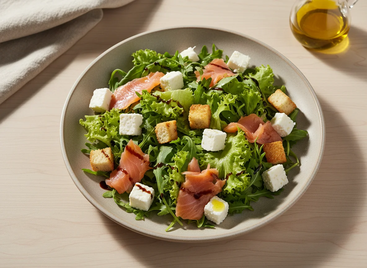 Salada de Salmão Fumado com Queijo Fresco e Croutons photo