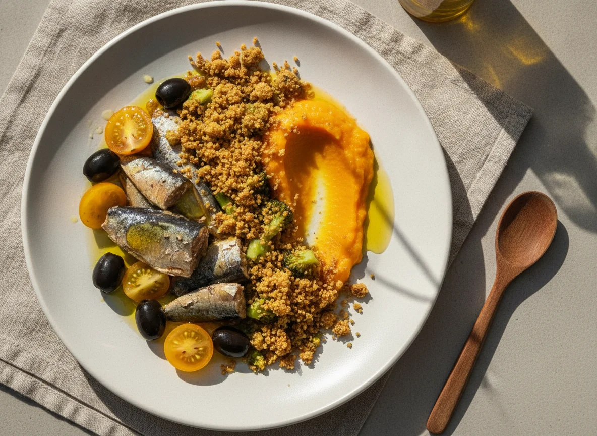 Salada de sardinha com purê de abóbora e farofa de brócolis photo