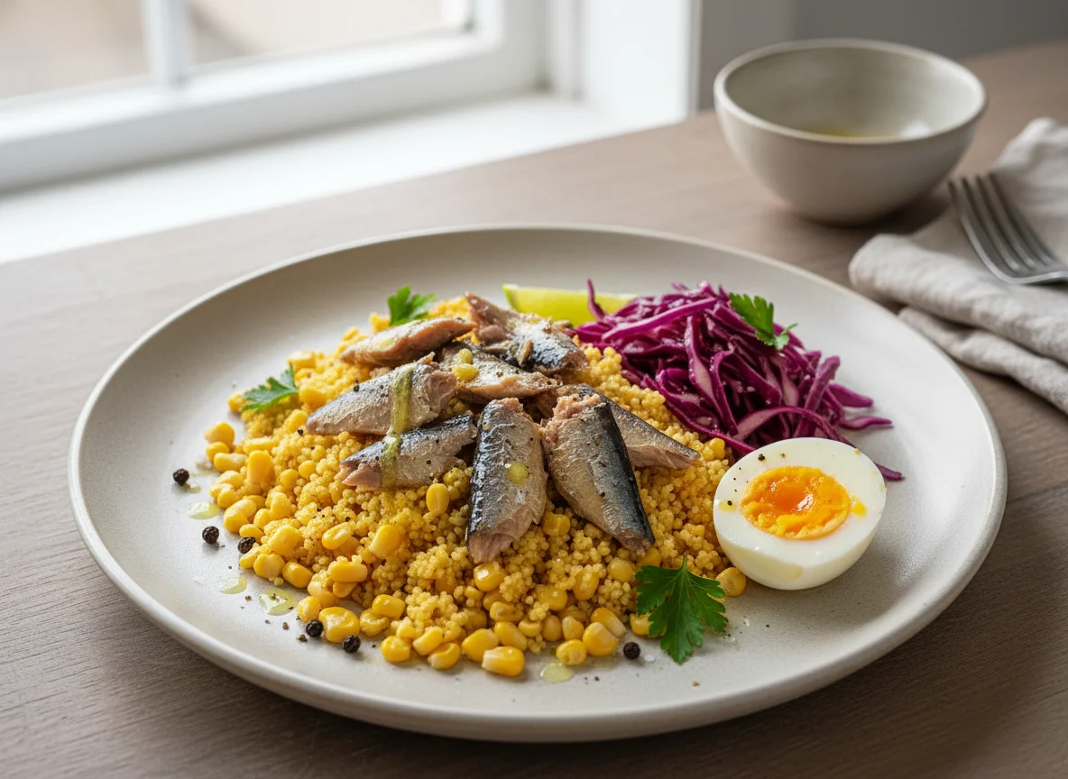 Salada de sardinha com repolho roxo, cuscuz e ovo cozido photo