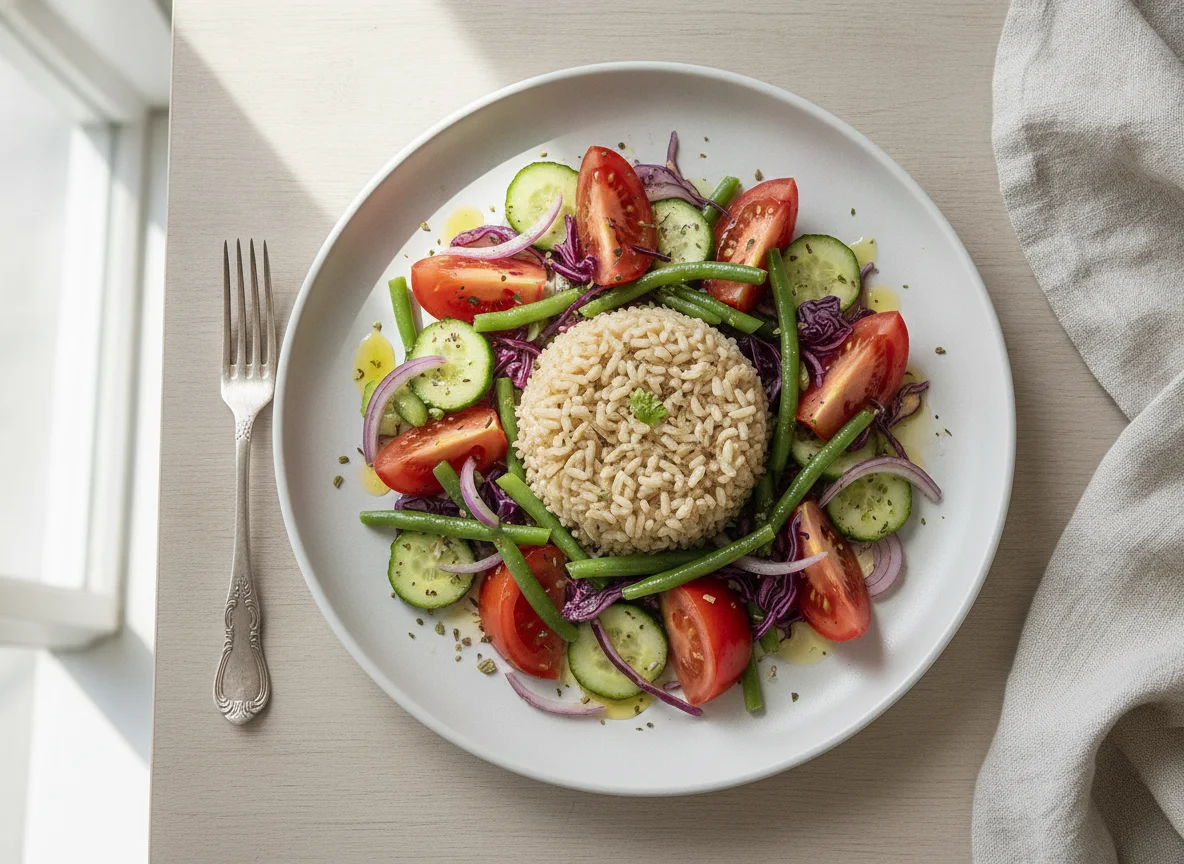 Salada de Tomate, Arroz Integral, Vagem e Repolho Roxo photo