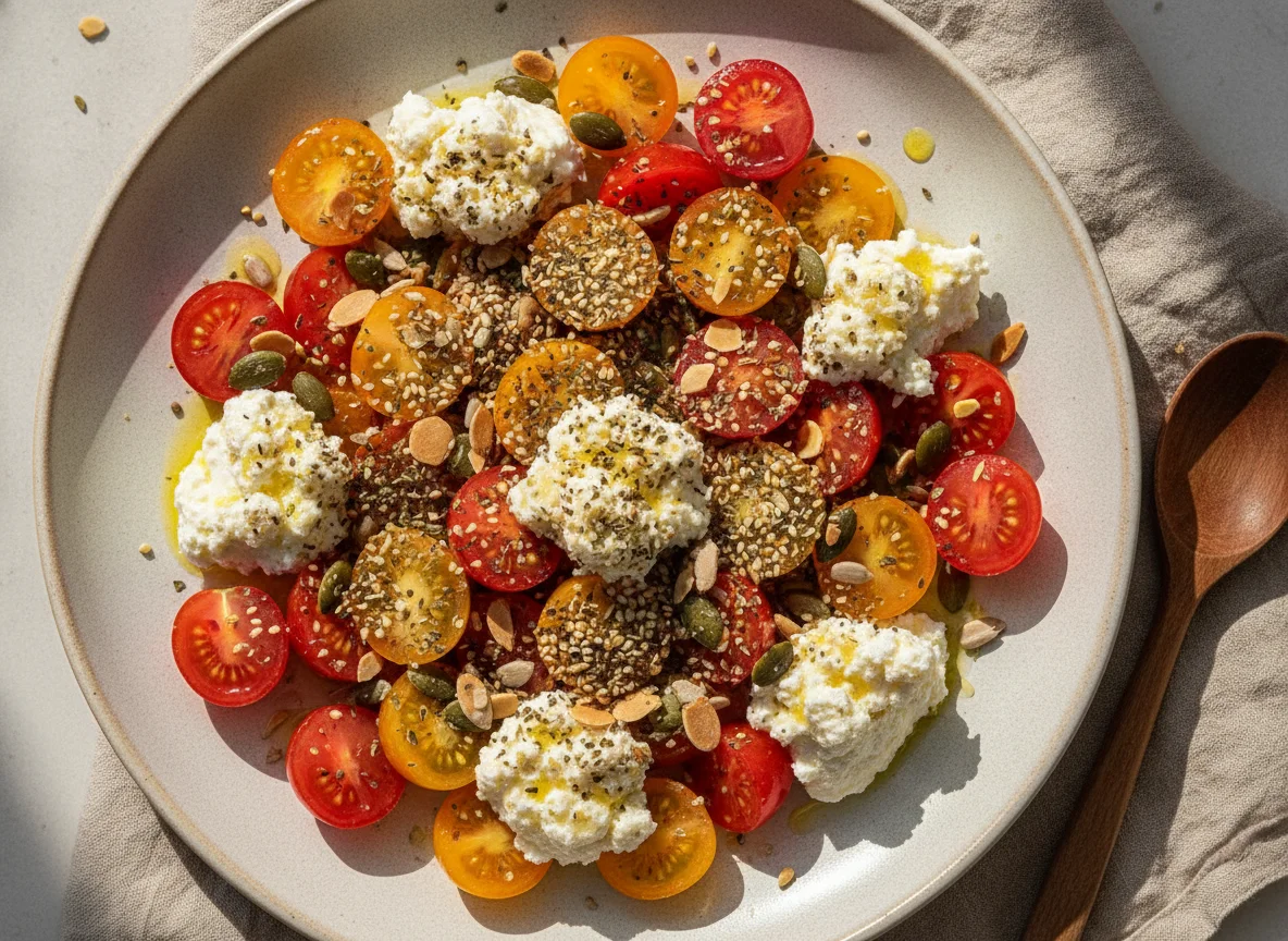 Salada de Tomate Cereja com Ricota e Mix de Sementes photo