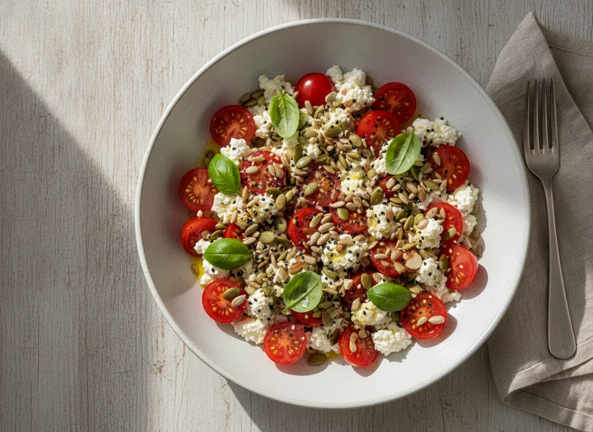 Salada de Tomate Cereja com Sementes e Queijo Cottage photo