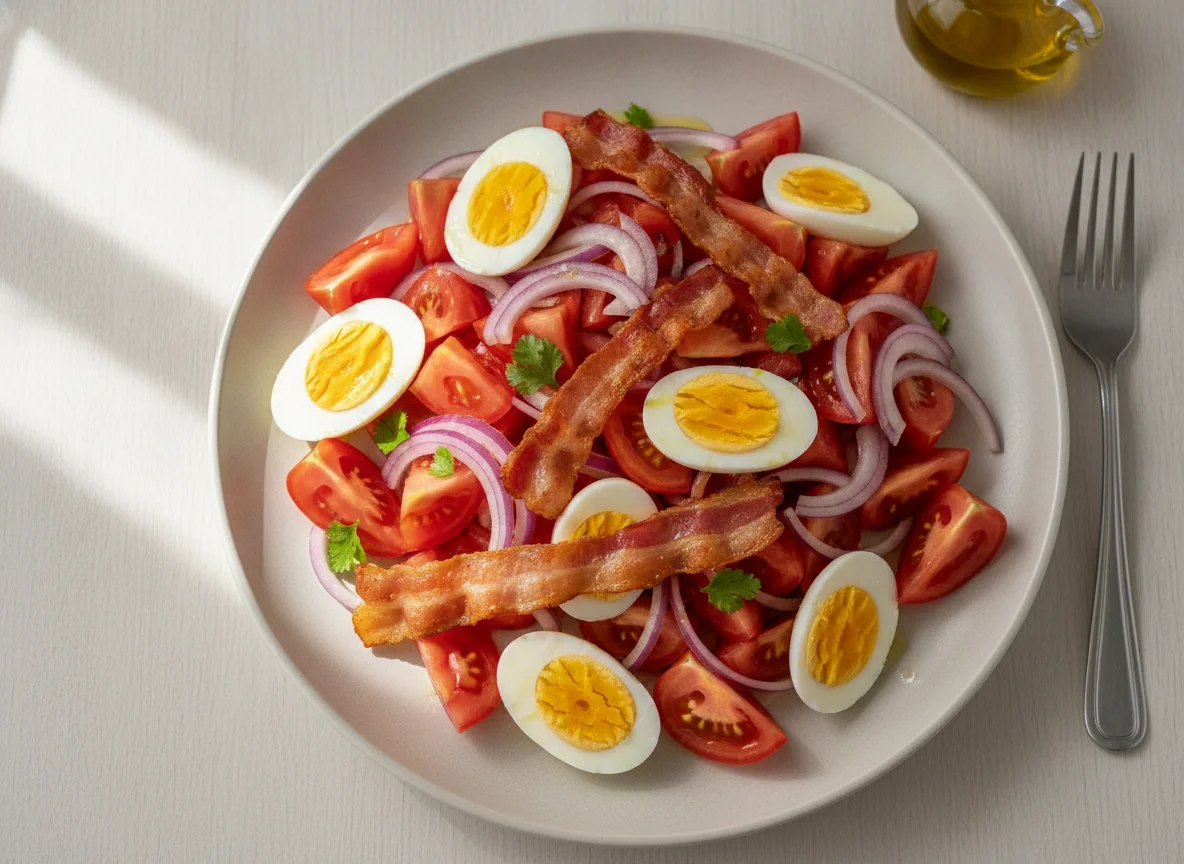 Salada de tomate com ovos cozidos e bacon photo