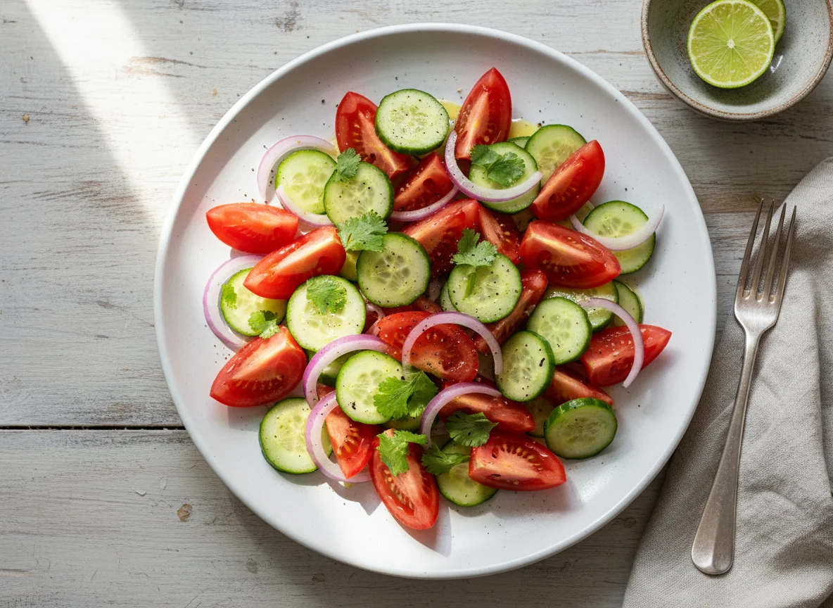 Salada de tomate, pepino e cebola photo