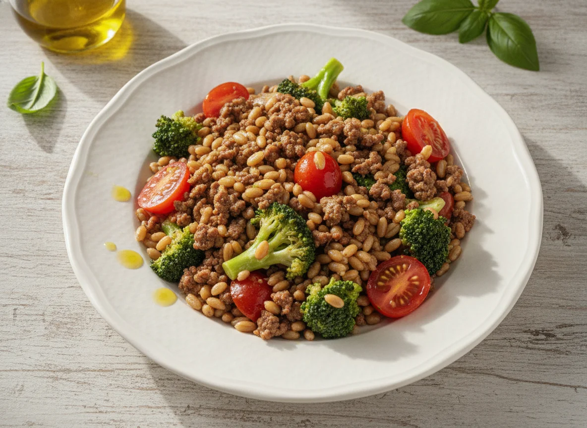 Salada de Trigo em Grãos com Brócolis e Carne Moída photo