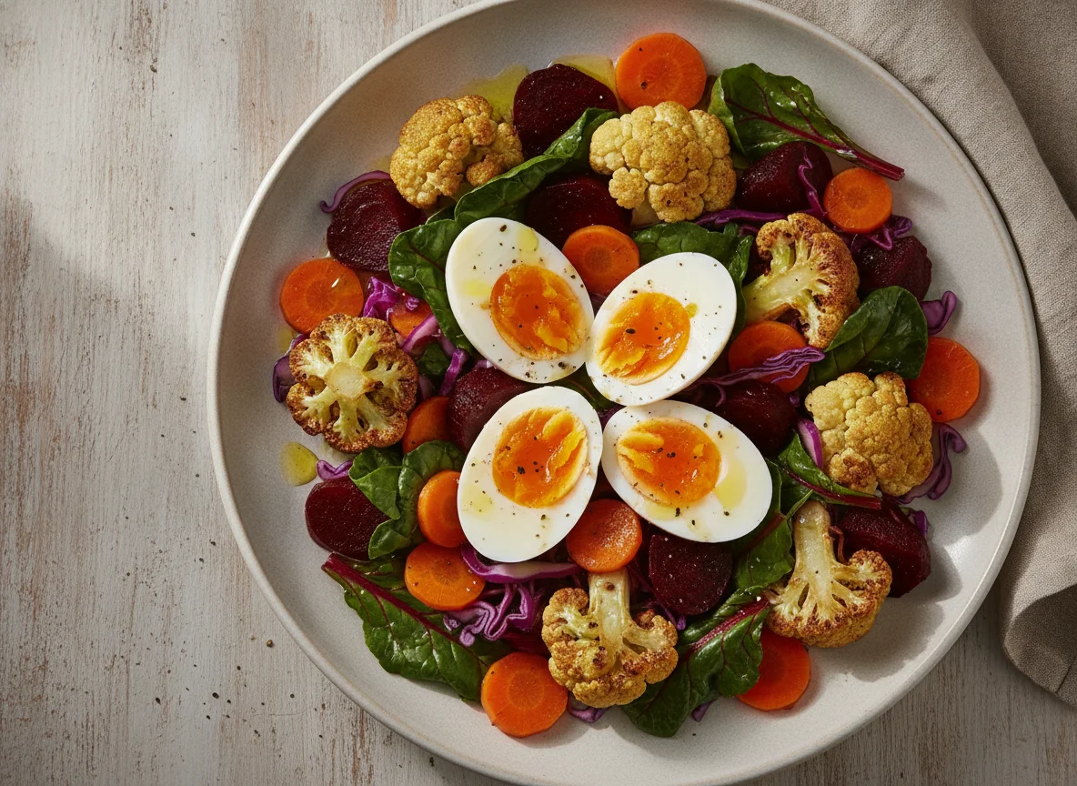 Salada de vegetais com ovos cozidos e couve-flor assada photo