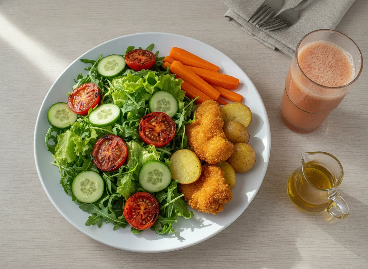 Salada mista com acompanhamentos e suco photo