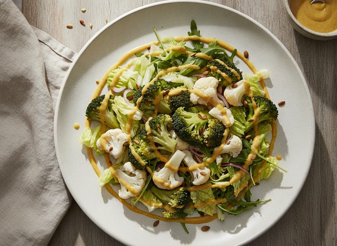 Salada mista com brócolis, couve-flor e molho de mostarda photo
