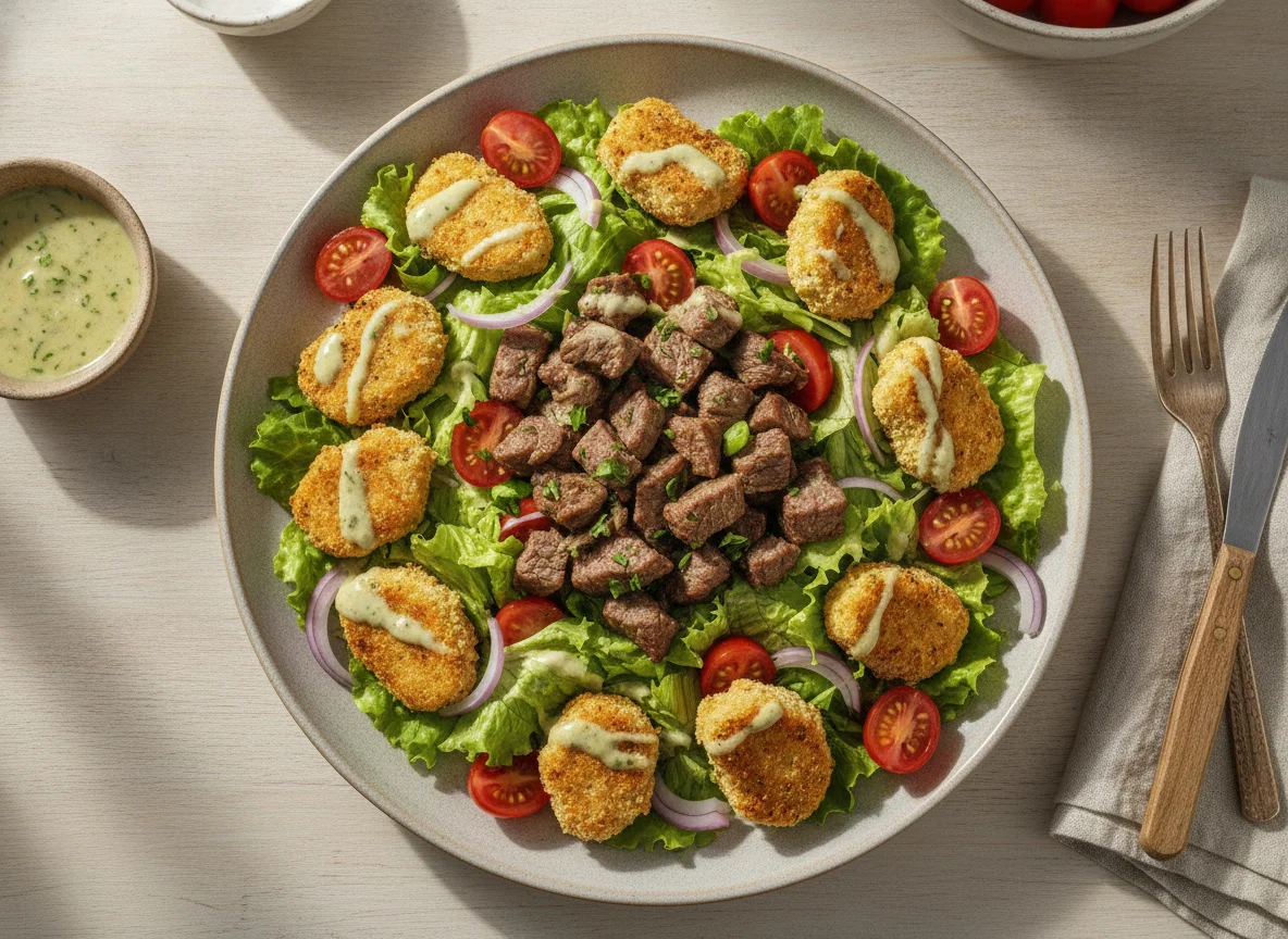 Salada mista com carne bovina e nuggets de frango photo