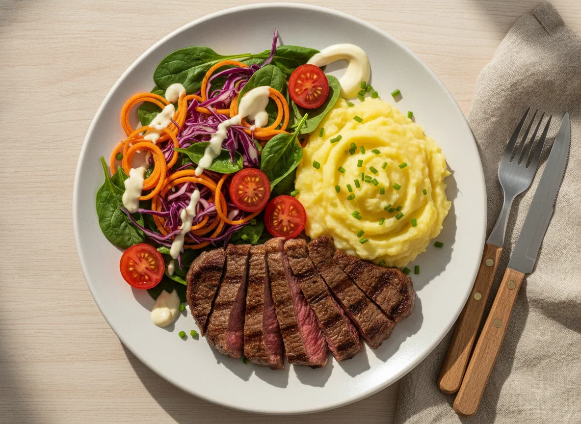 Salada mista com carne grelhada e purê photo
