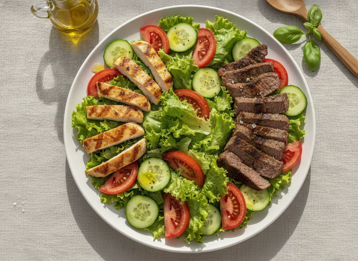 Salada mista com frango e carne grelhada photo
