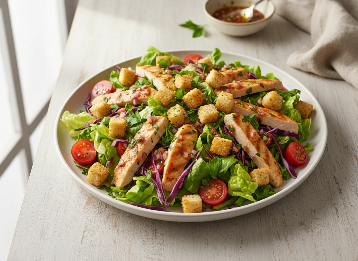 Salada mista com frango e croutons photo