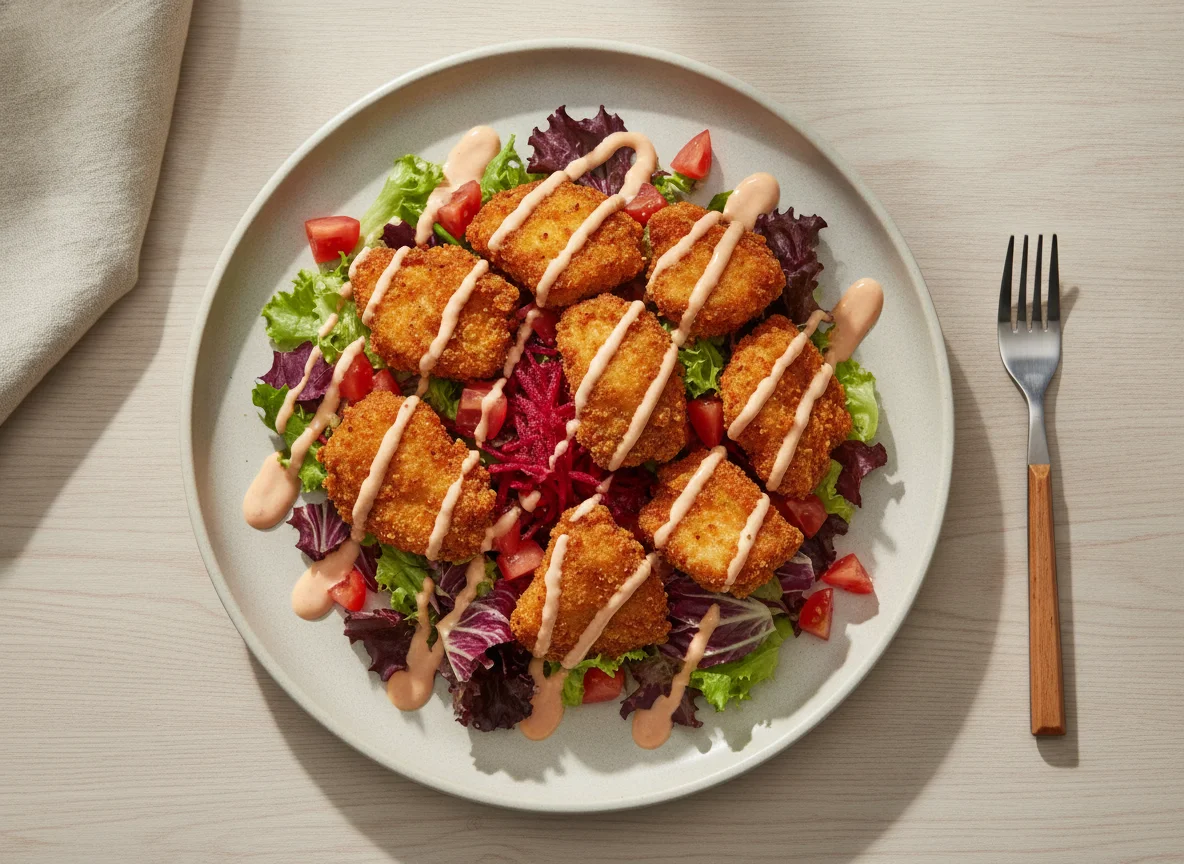 Salada mista com frango empanado e molho rosê photo